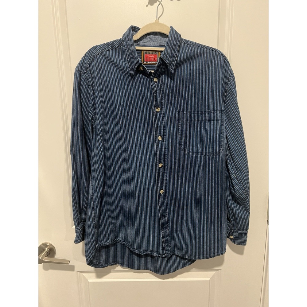 Vintage Wrangler Hero Collared Button Up Long Sleeve‎ Shirt Medium Blue Western